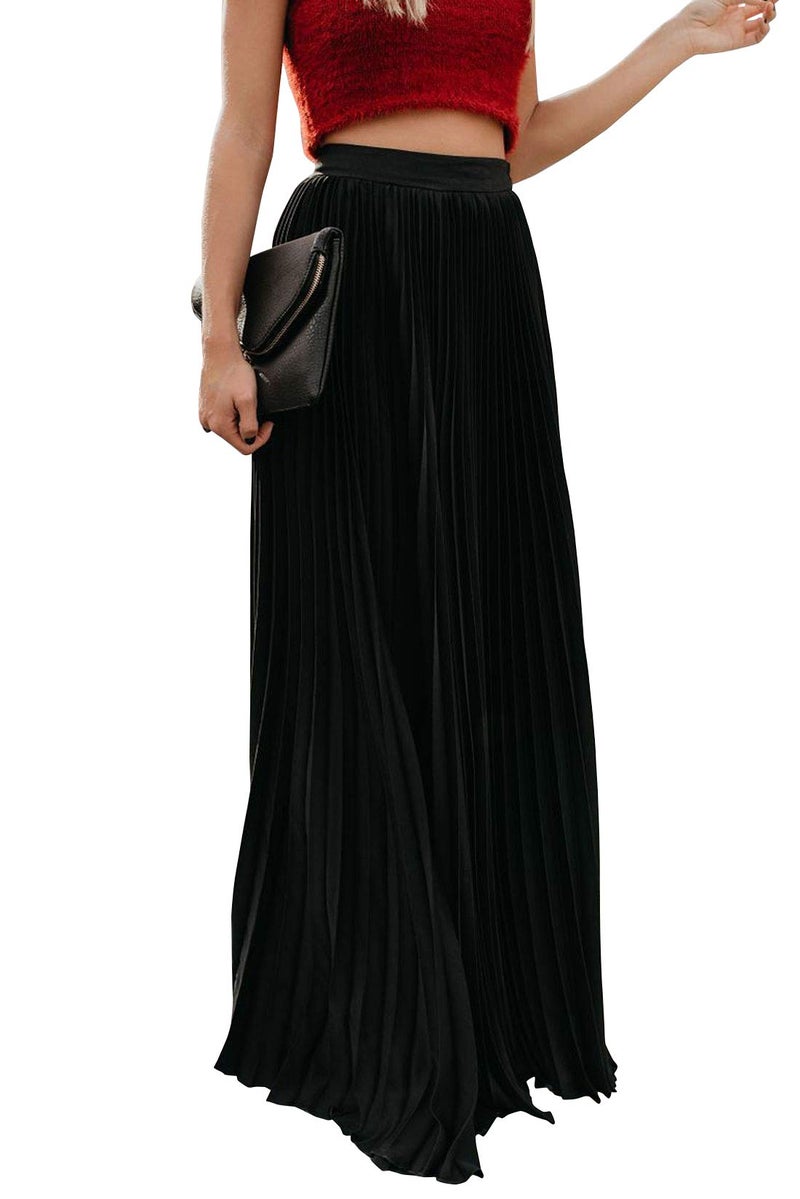 ebossy Women's High Waist Flowy Pleated Chiffon Maxi Skirt (Large, Black) - Image 1